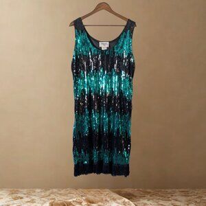 Jerry Beck Teal & Black Sequin Flapper Dress w/ Fringe | 1920s Gatsby Party